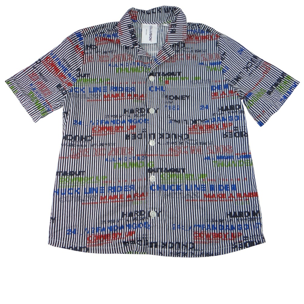 COLLUSION Mens Short Sleeve Button Up Size‎ S Black White Stripe Graphic Print